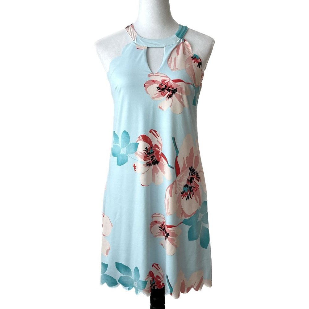 Candie's SMALL Blue Sun Dress Halter Scallop Hem Keyhole Neckline